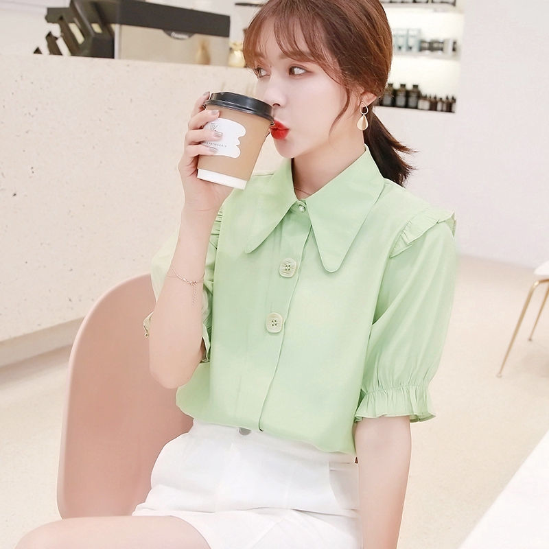 New 2020 White Green Solid Color Summer Fashion Korean Style Loose Short Sleeves Casual OL Office  Shirts Top for Women | BigBuy360 - bigbuy360.vn