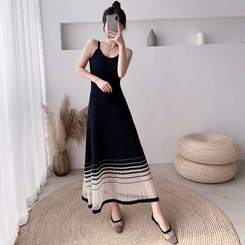 Summer new style mesh splicing ice silk suspender A-line slim and fashionable wear outside and bottom knitted skirt | BigBuy360 - bigbuy360.vn