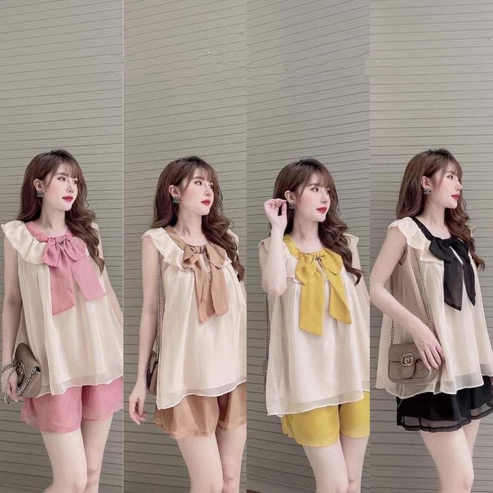 Set bộ voan tơ phối nơ kèm quần cực xinh