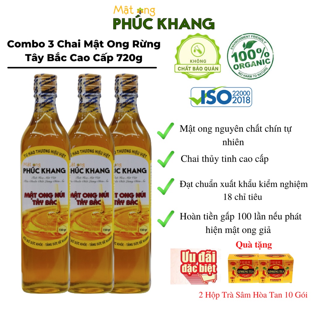 Mật ong rừng Tây Bắc Phúc Khang 720G - Combo 3 chai- Thu hoạch tự nhiên - Đạt chuẩn xuất khẩu