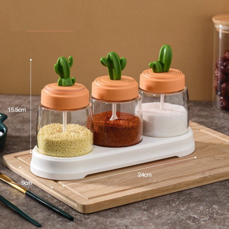 Hũ đựng gia vị thủy tinh có thìa, nắp xương rồng dễ thương
