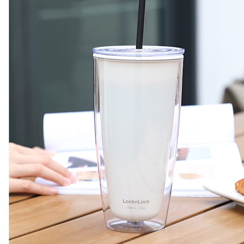 Ly nhựa 2 lớp Lock&Lock HAP507IVY màu ngà, kèm ống hút