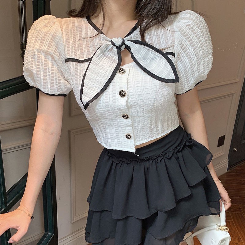 Áo sơ mi tay phồng cổ chữ v màu sắc thời trang phong cách Hàn Quốc cho nữ