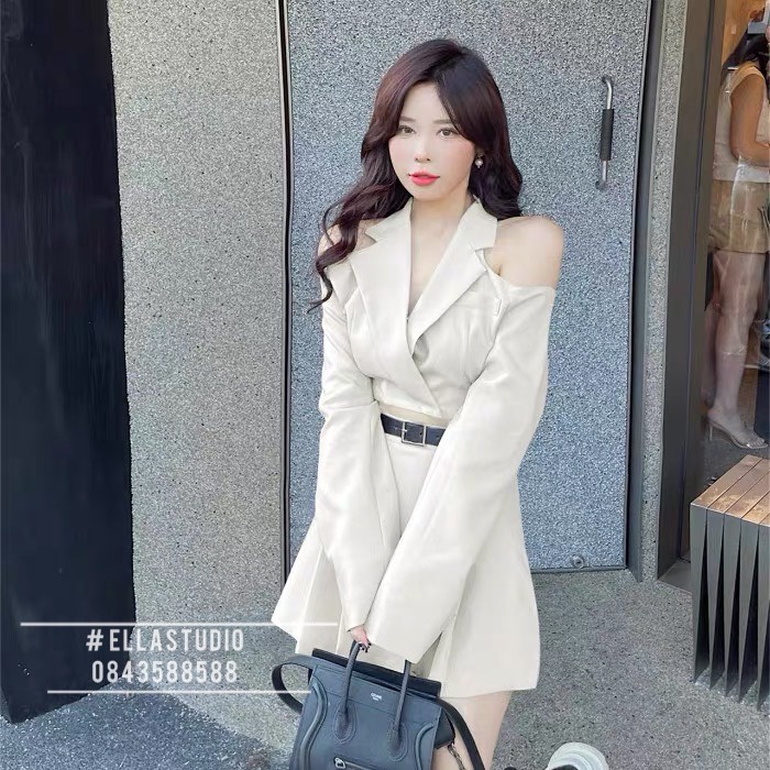 Set Áo Vest Hở Vai Dài Tay Phối Chân Váy Xếp Ly Bản To Kèm Thắt Lưng Siêu Xinh Thời Trang