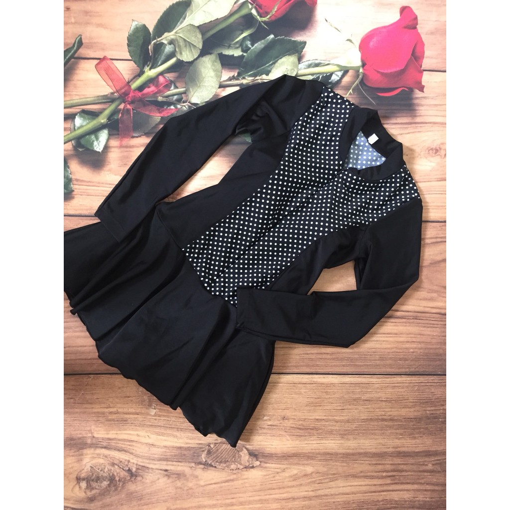 Áo bơi tay dài nữ đen chấm bi xinh xắn - kín đáo- tôn dáng - không lo bị nắng ăn-CÓ TẶNG KÈM MÚT VÀ QUẦN VÁY