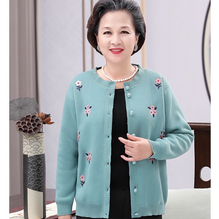 Áo len cadigan lót lông trung niên cho bà, Áo khoác lót lông cardigan Shop Haul - AL-OLD1