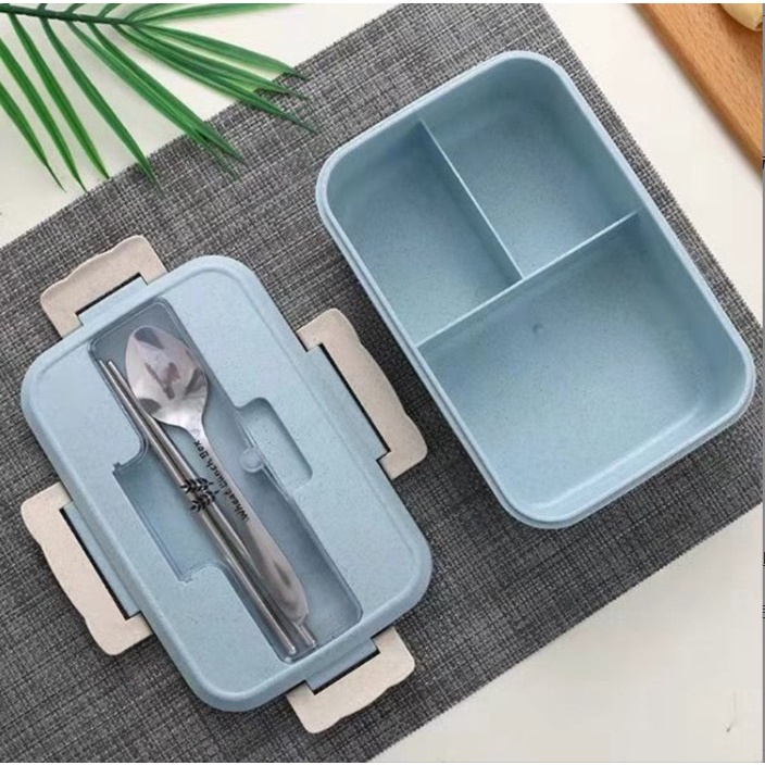 Hộp đựng cơm, hộp cơm văn phòng lúa mạch 3 ngăn kèm muỗng inox xịn xò