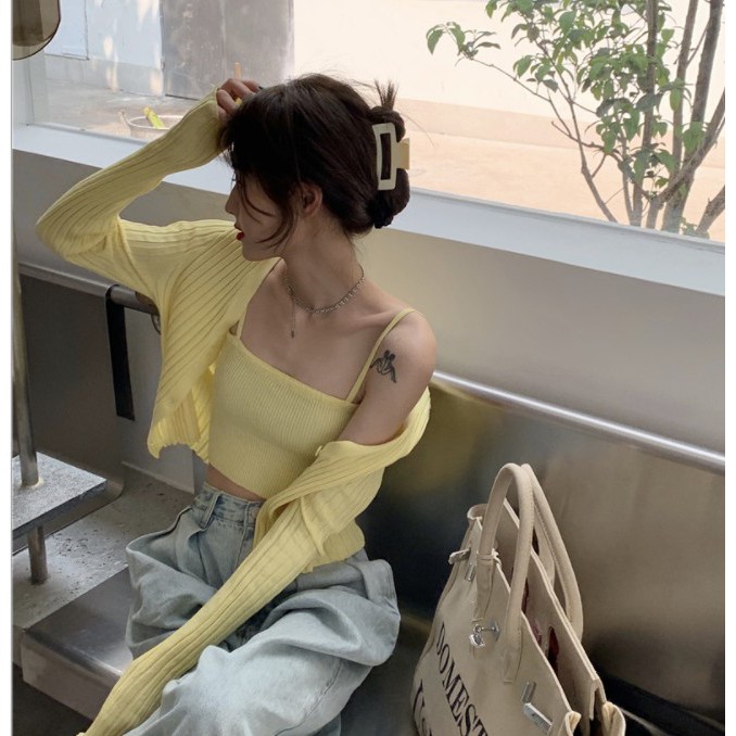 [Baywellfashion]Bộ áo hai dây + áo khoác cardigan màu trơn phối sọc gân phong cách quyến rũ cho phái nữ | BigBuy360 - bigbuy360.vn