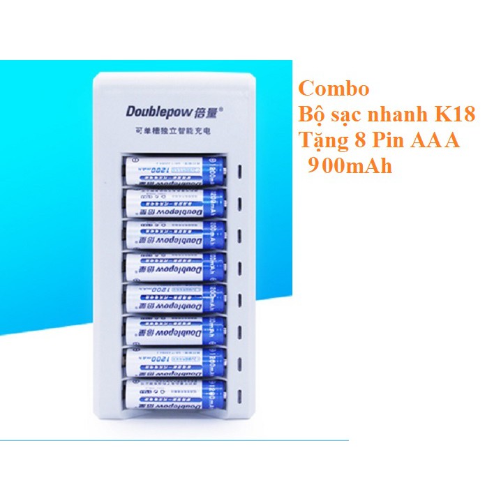 Combo Bộ sạc nhanh đa năng DP-K18 Tặng kèm 8 Pin đũa sạc AAA 900mAh