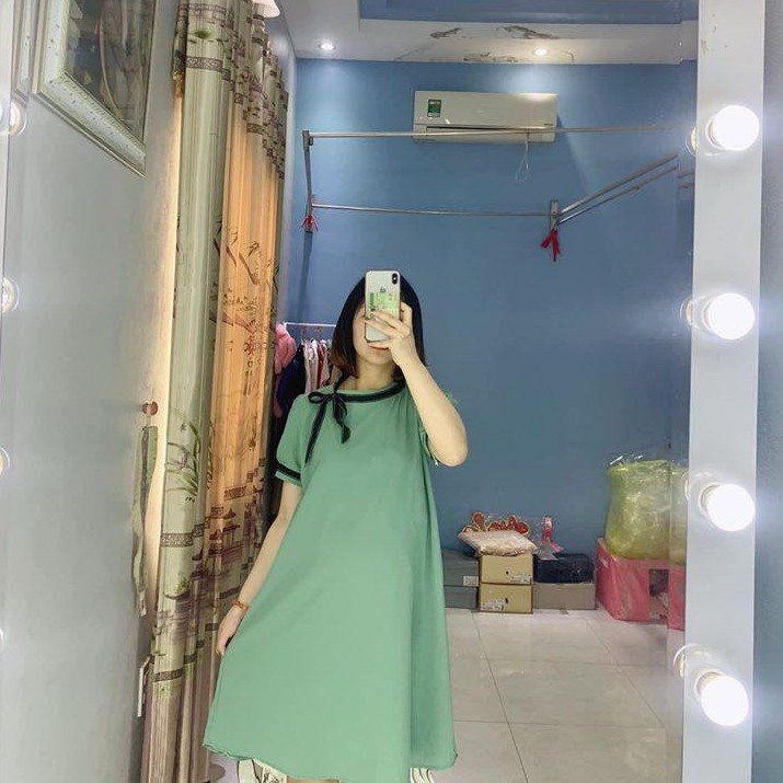 Đầm bầu ngắn tay cổ nơ lệch M016 chất cát hàn thời trang thiết kế Mom and Baby