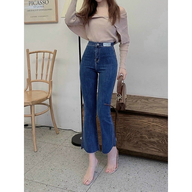 quần jean ống loe lưng cao mạc trắng (hàng sẵn )