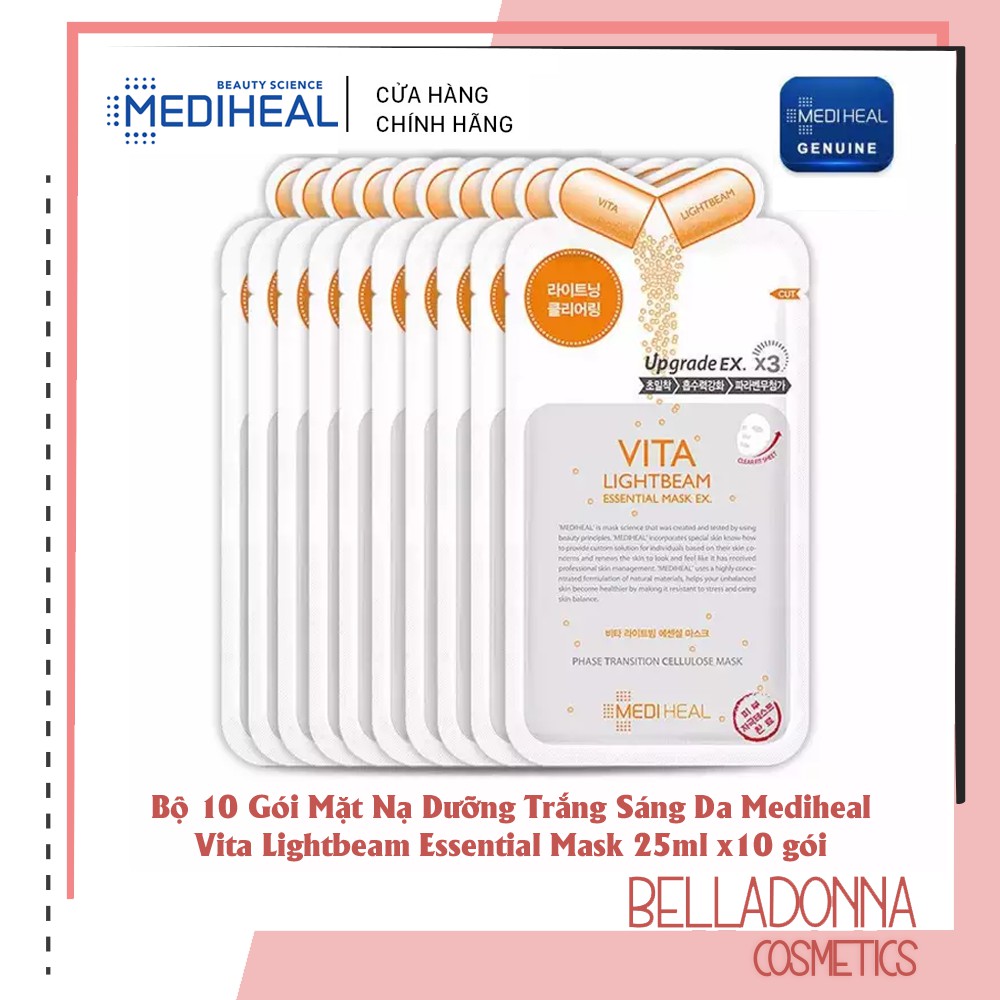 [CHÍNH HÃNG] Bộ 10 Gói Mặt Nạ Dưỡng Trắng Sáng Da Chiết Xuất Vitamin Mediheal Vita Lightbeam Essential Mask 25ml x10 gói