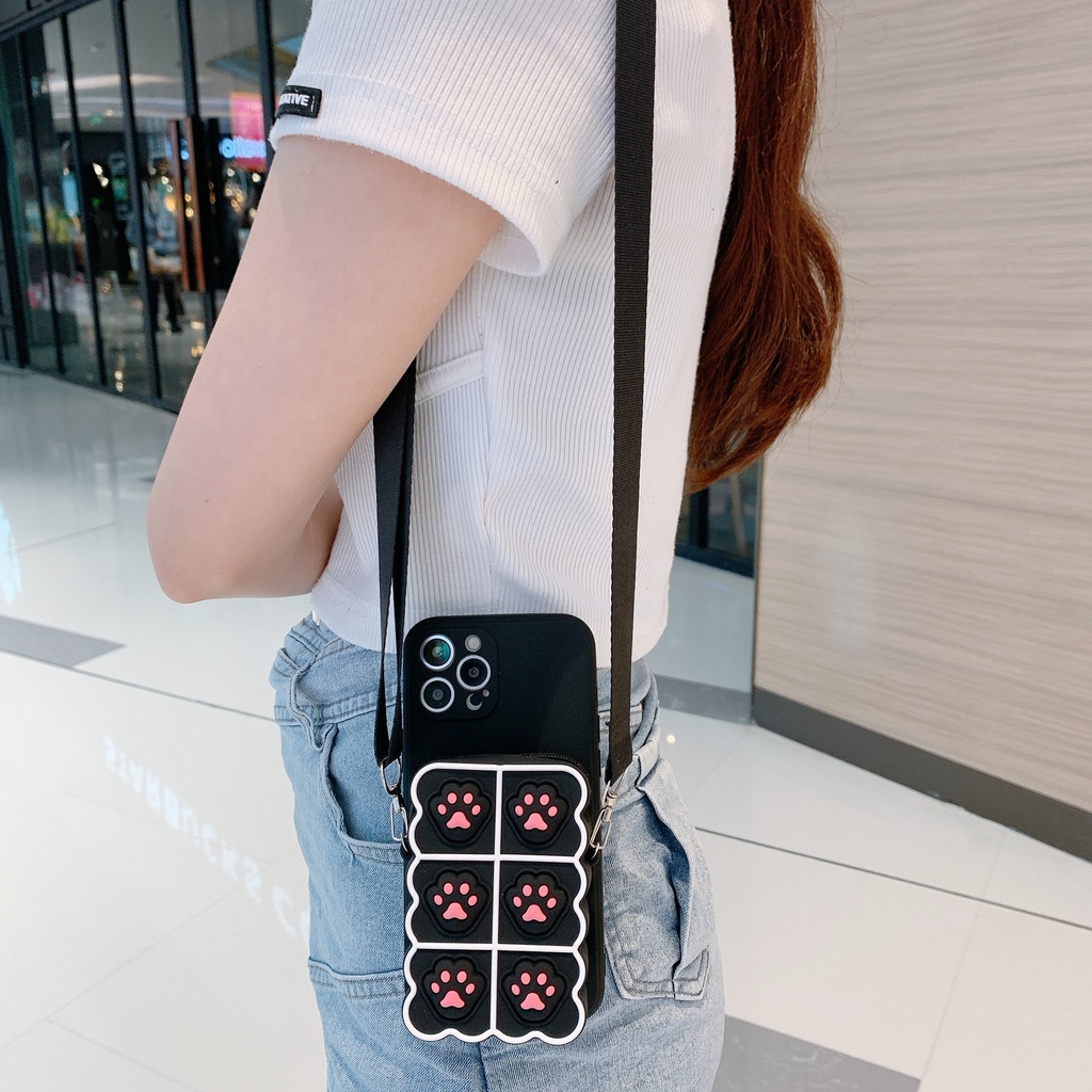 Ốp điện thoại mềm dạng ví họa tiết chân mèo 3d có khóa kéo cho Iphone 13 11 Pro Max 5 5s 6 6s 7 8 Plus X Xs Max Xr 12 Mini