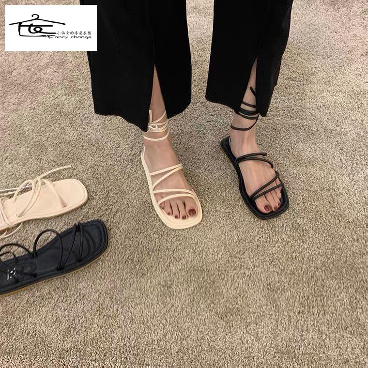 Giày Sandal Mùa Hè Năm 2021 Mũi Vuông Cột Dây Chéo Phong Cách Roman Cho Nữ