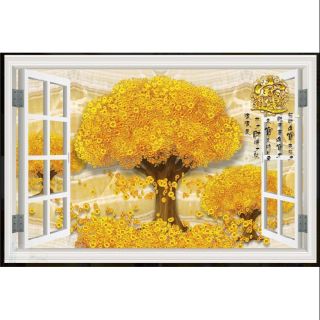 Tranh dán tường cây kim tiền 3D in Vải Lụa UV phủ bóng cao cấp