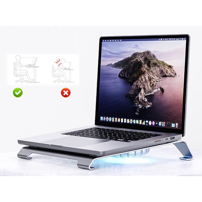 Kệ đỡ laptop macbook nhôm tích hợp 2 quạt LED tản nhiệt cho máy tính 11-15.6 inch để bàn cao cấp P71F