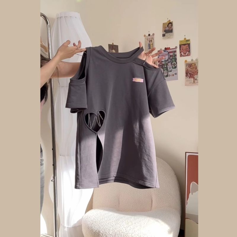 Áo Thun Tay Ngắn Xẻ Tà In Hình Trái Tim Phong Cách Hàn Quốc Cho Nữ