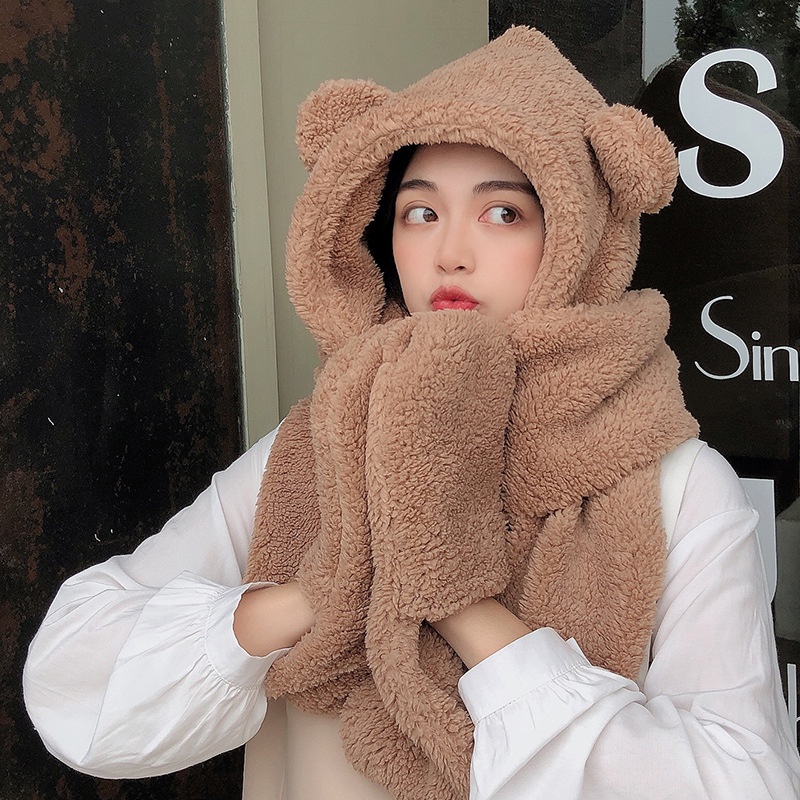 Khăn quàng cổ lông cừu NOVSET Mũ kèm khăn găng tay phong cách ulzzang Hàn Quốc mùa đông ấm áp