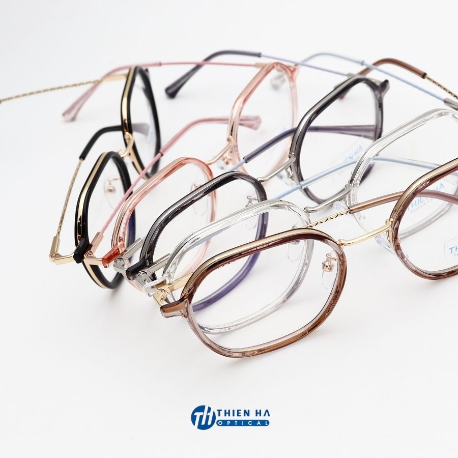 Gọng kính cận nữ THIEN HA OPTICAL nhựa nhẹ dáng vuông càng kim loại mảnh thiết kế hiện đại nhiều màu TH2012