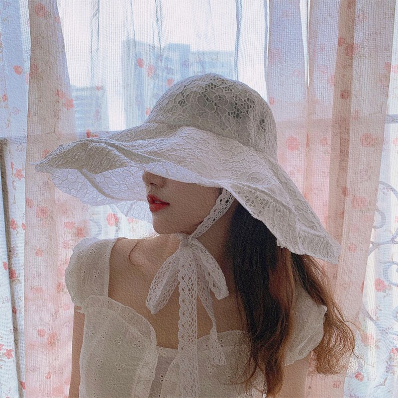 Mũ tai bèo vành rộng phối ren màu trơn chống nắng phong cách Nhật Hàn dễ phối đồ cho nữ khi đi du lịch