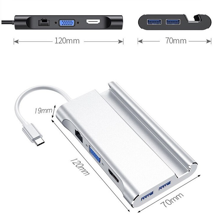 HUB Kiêm Dock Type-C Ra HDMI,VGA,LAN,3 Cổng USB 3.0 Hỗ Trợ Power Delivery