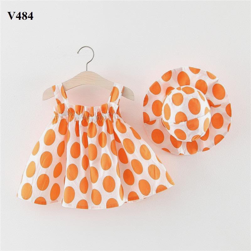Set váy sát nách kèm mũ chấm bi nhiều màu cho bé gái