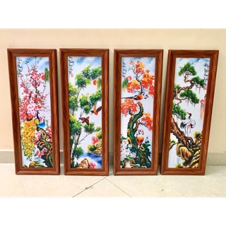 Tranh thành phẩm tứ quý đính đá tùng cuca trúc đào