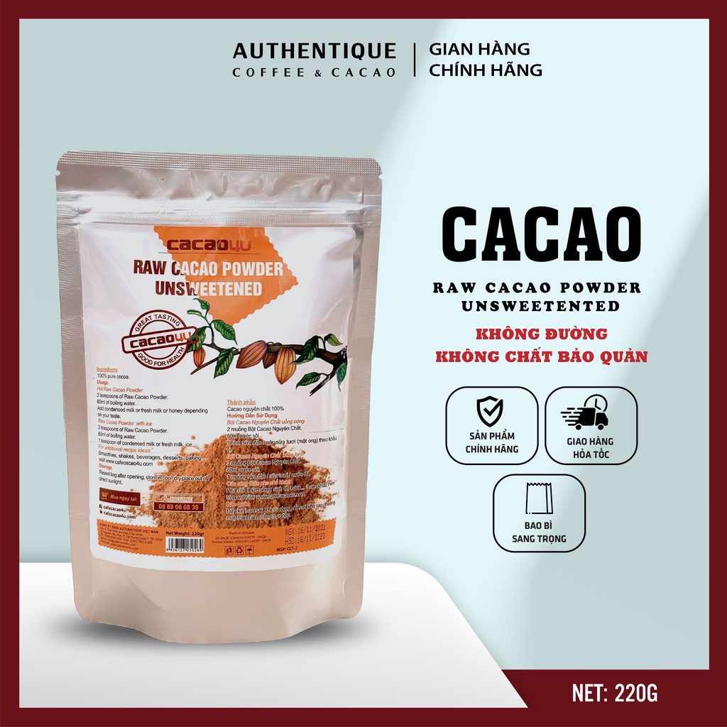 Bột CaCao Nguyên Chất Không Đường Túi 220gr - Tốt cho tim mạch | Authentique Cacao