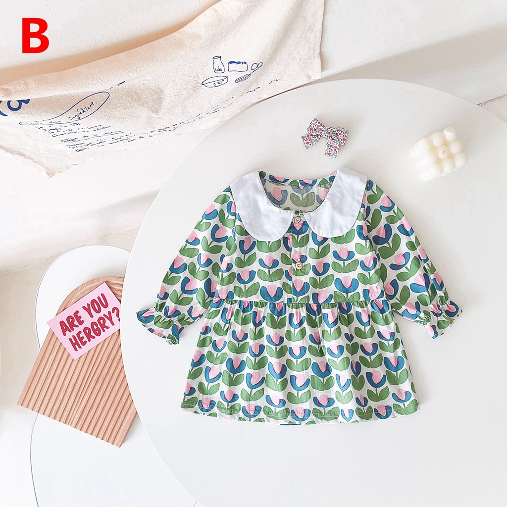 Đầm công chúa SANLUTOZ tay dài bằng cotton in họa tiết hoa thời trang xuân thu cho bé gái