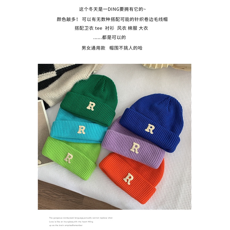 Mũ Len Đan In Chữ R Màu Xanh Dương Thời Trang Thu Đông Cho Nam Và Nữ