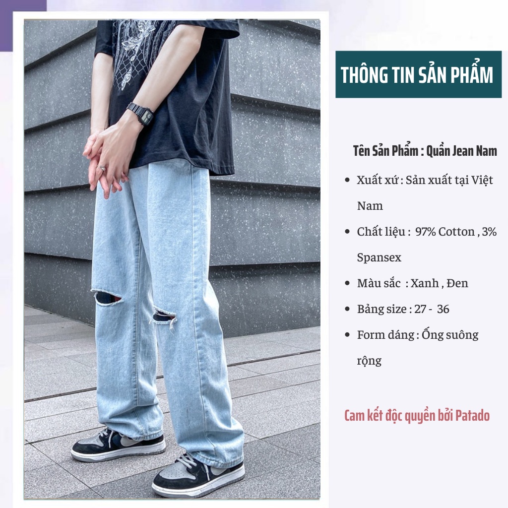 Quần jean nam PATADO dáng baggy ống suông rộng mẫu rách gối mã RG01