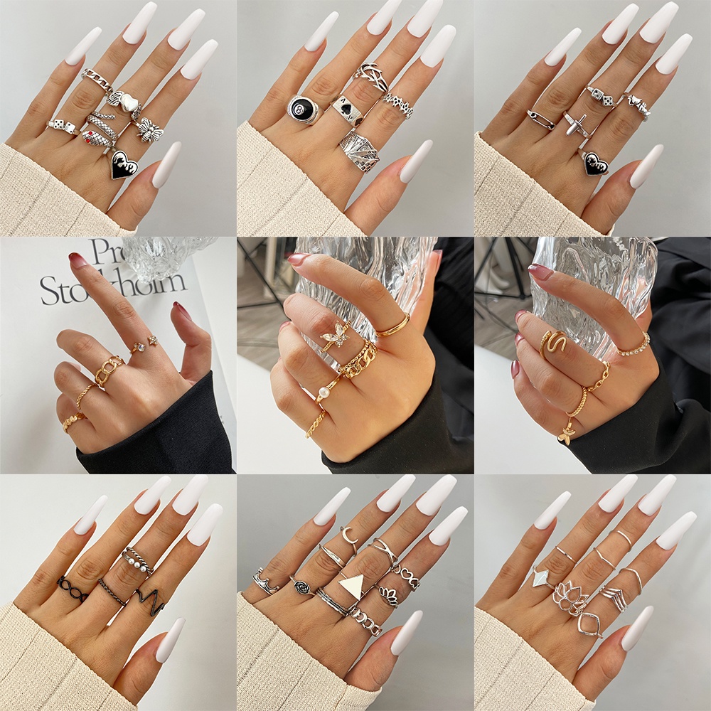 Set 10 nhẫn đeo tay bằng kim loại đính đá và ngọc trai thanh lịch sành điệu cho nữ