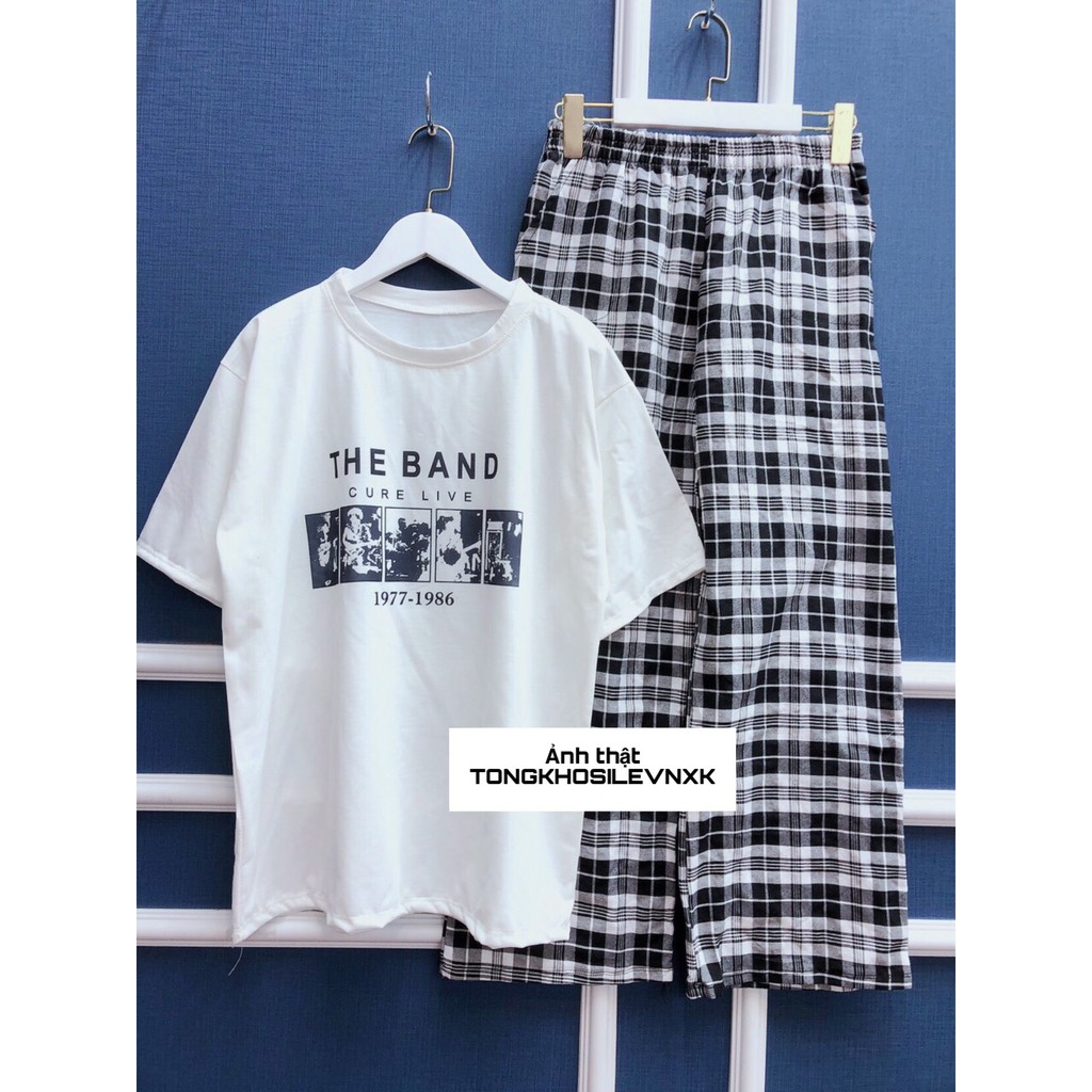 Set Bộ The Band + Quần Kẻ Caro Dáng Cullotes Baggy - Áo Phông Trắng in chữ mix Quần dài caro