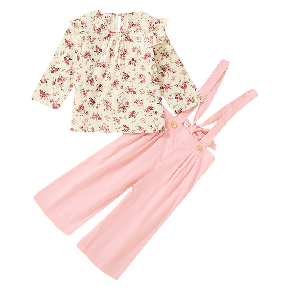 Bộ đồ MIKRDOO gồm áo thun tay dài và quần yếm in hoa cho bé gái 1-5 tuổi