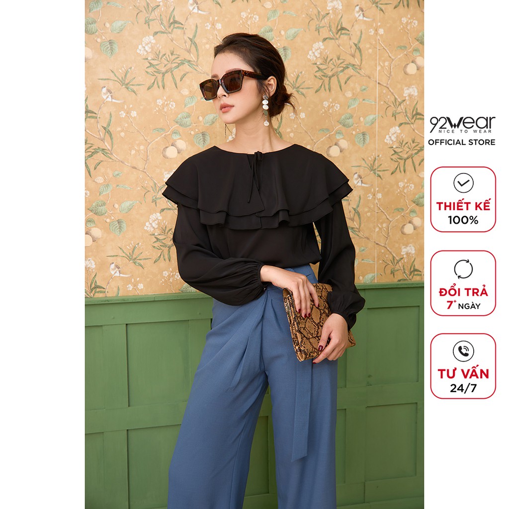 Áo sơ mi voan 92WEAR thiết kế dài tay form rộng cổ bèo 2 lớp ASA1726