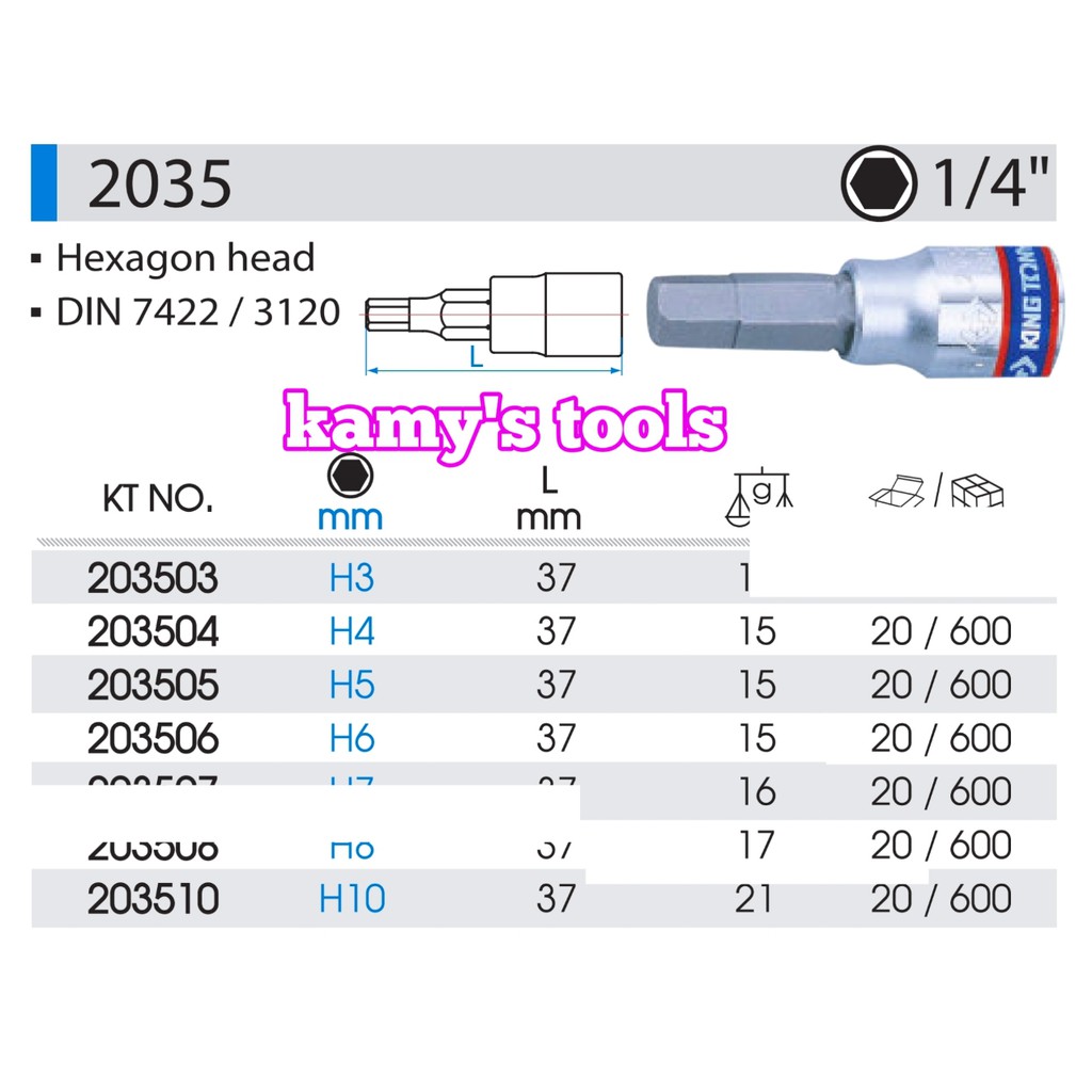 Đầu Tuýp Mũi l Lục Giác 1/4 H3-H10 Kingtony 2035