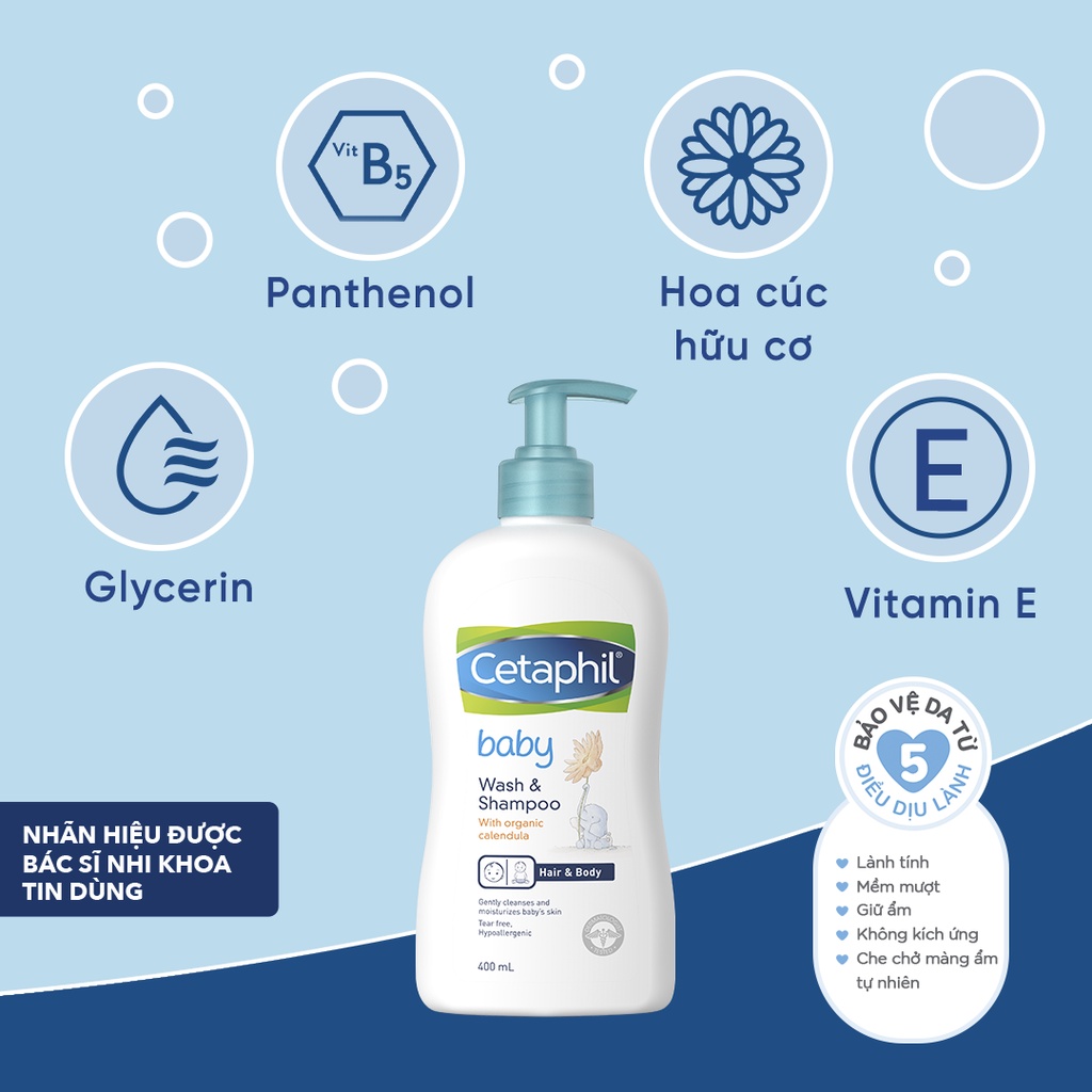 [Tặng 2 Cetaphil Baby Moist Bath&amp;Wash 50ml] Combo 2 sữa tắm gội cho bé Cetaphil Baby W&amp;S with Organic Calendula 400ml