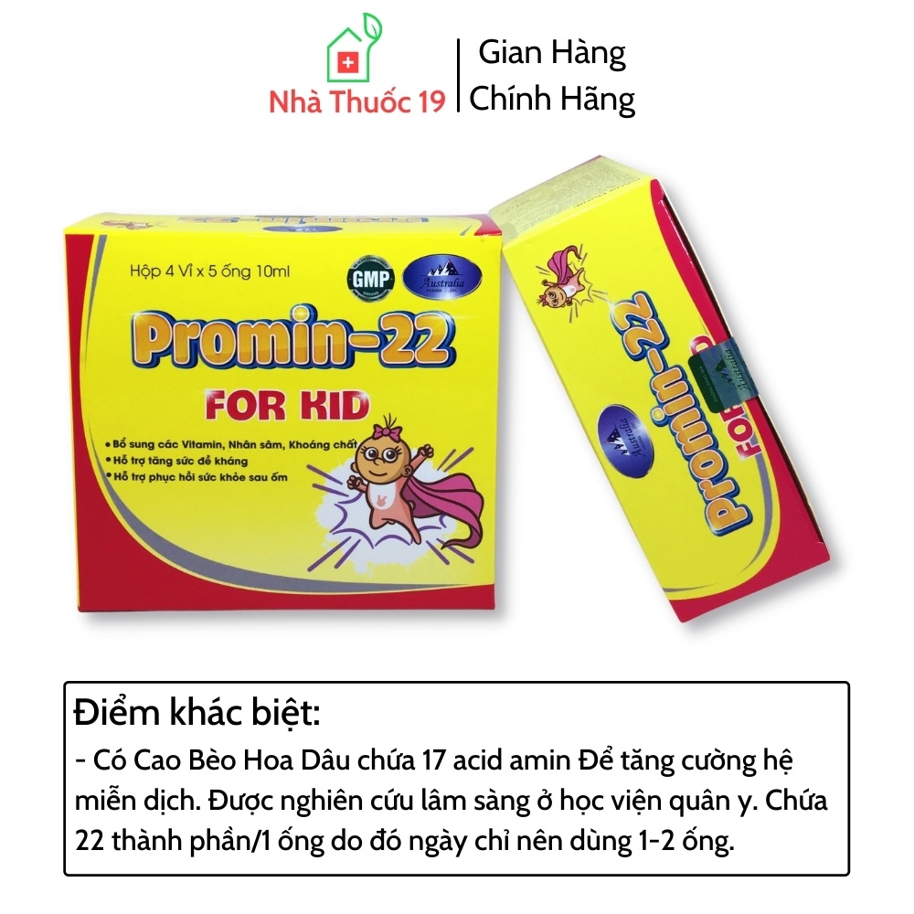 Promin-22 For Kid Giúp Bé Tăng Cường Đề Kháng, Ăn Ngon Miệng, Bổ Sung Vitamin, Nhân Sâm, Khoáng Chất Cho Bé (Hộp 20 Ống)