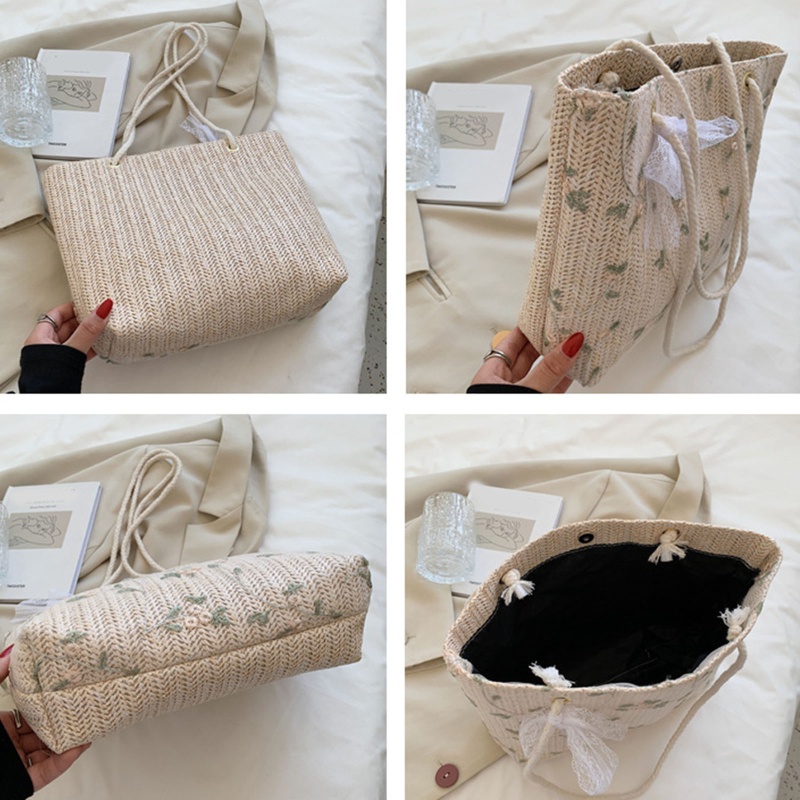 Túi Xách Đeo Vai Đan Lát Phối Ren Đính Nơ Xinh Xắn Cho Nữ