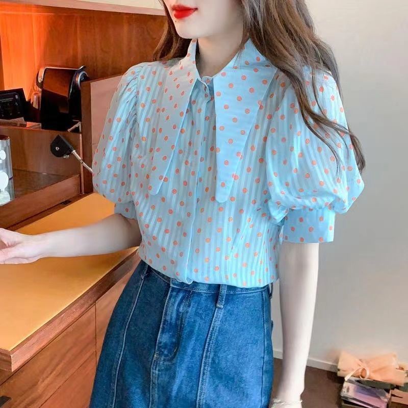 Áo Sơ Mi Chiffon Tay Phồng Ngắn Họa Tiết Chấm Bi Cổ Điển Thời Trang Cho Nữ