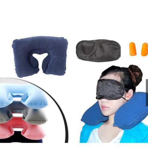 Gối hơi du lịch, gối hơi văn phòng tiện ích có bịt mắt bịt tai