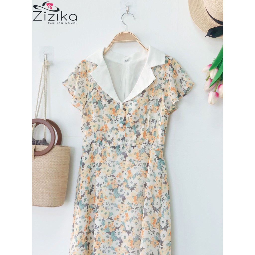 (Đầm thiết kế) Váy đầm công sở thời trang Zizika cổ V hoa nhí - V01