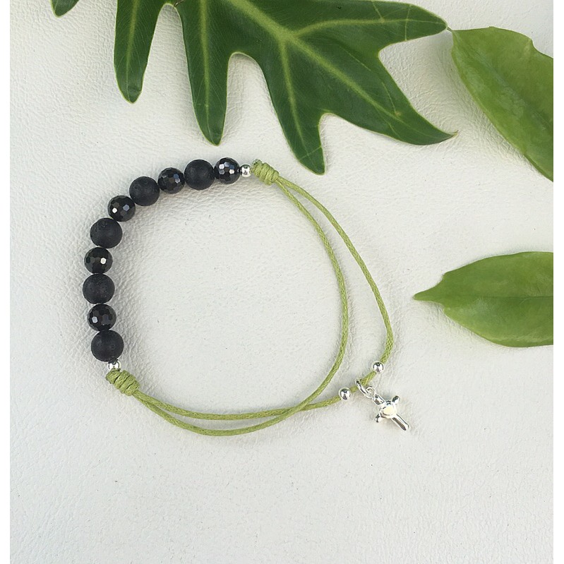 Vòng dây cotton chuỗi Mân Côi hạt đá đen đeo tay Thánh giá S925 xanh lá wax cotton cord  cord Rosary bracelet