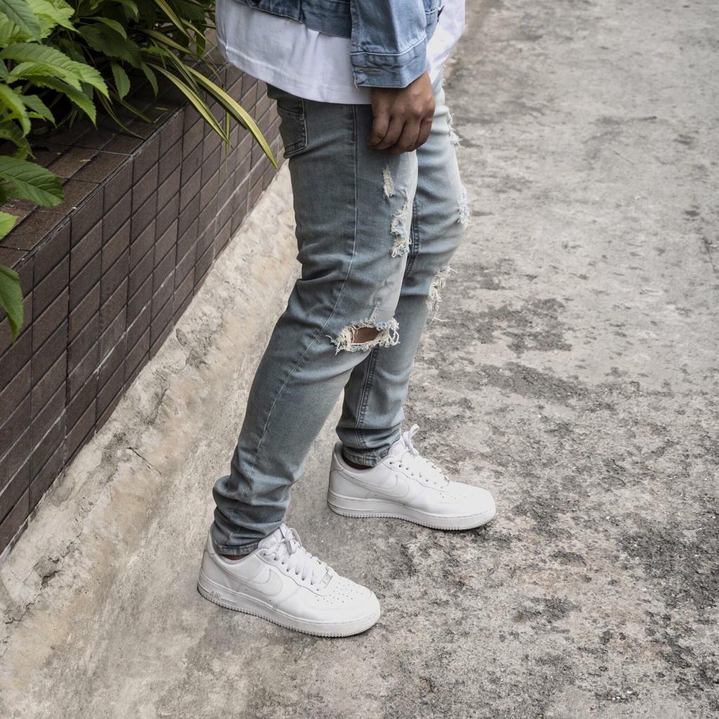 Quần jean nam streetwear cao cấp FNOS NZ13 màu xanh rách gối form slimfit jean thun co giãn | BigBuy360 - bigbuy360.vn