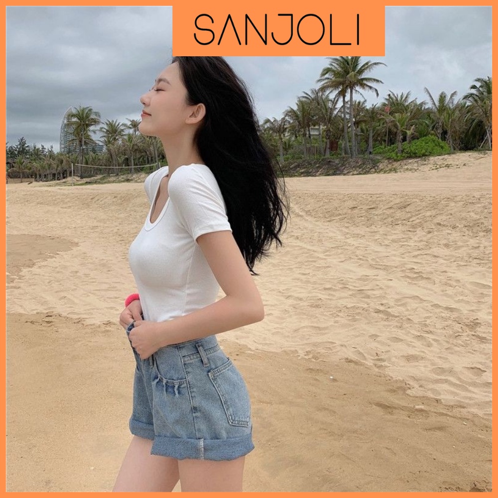 Áo Croptop Sexy SANJOLI Croptop Kiểu Ôm Body Cổ Vuông Tay Ngắn Đi Chơi Trắng Đen AO038