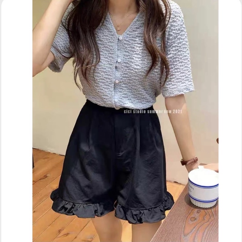 QUẦN SHORT NGỐ FORM RỘNG PHỐI CHÂN BÈO VINTAGE ( màu trắng / đen / be )