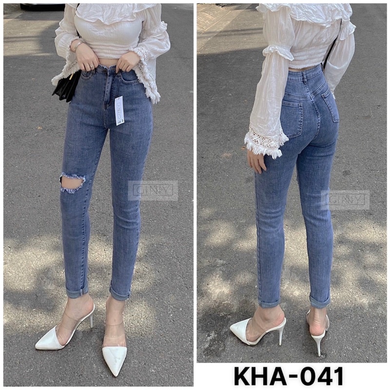 Quần Jean Nữ Lưng Cao Co Giãn Có Túi KHA041 GINNY | Quần Bò Cạp Cao SKINNY Jeans Trơn Dài Basic