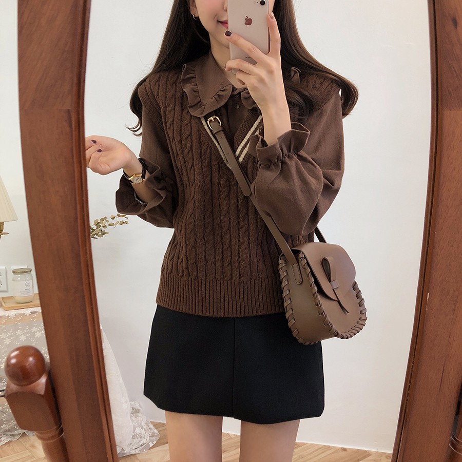 Áo Sơ Mi Nữ Tay Dài Có Diềm Xếp Nếp Màu Nâu 26666