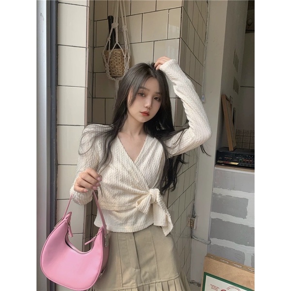 Áo kiểu buộc nơ eo cổ V dễ thương_Áo điệu nhữ hottrend