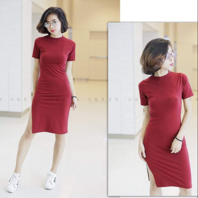 Đầm Body Xẻ Tà #AGE2X Màu Đỏ Đô